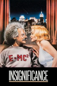 Homem de cabelo grisalho com camisa E=MC² e mulher loira se olham fixamente. Ao fundo,cidade noturna iluminada e estrela cadente.