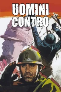 Pôster de guerra com soldado sério em primeiro plano. Ao fundo,um homem escala arame farpado e um oficial observa. Cenário tenso e de combate.
