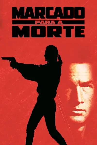 Pôster vermelho. Silhueta preta de homem com cabelo longo e arma em punho. Rosto sério de outro homem. Clima de ação e suspense.