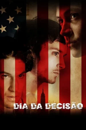Múltiplas faces sérias de homens sobrepostas a uma bandeira americana estilizada e uma silhueta de cidade, sugerindo drama.