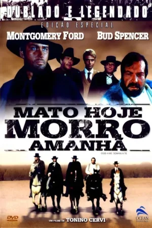 Pôster de faroeste: rostos sérios de pistoleiros e cavaleiros no deserto, clima tenso.