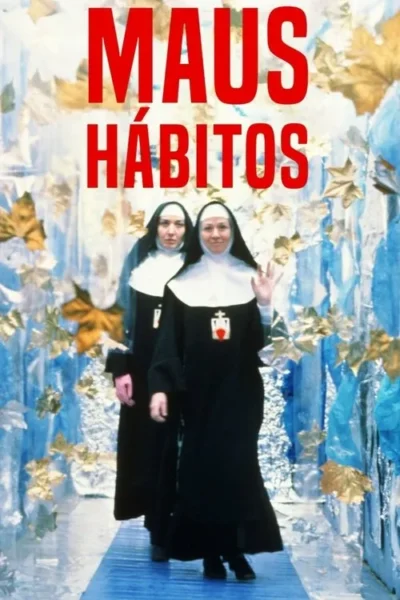 Duas freiras em hábitos pretos andam por um corredor festivo azul/prateado com folhas douradas; uma acena sorrindo.