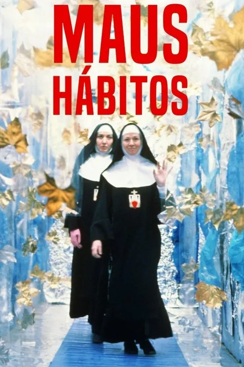 Duas freiras em hábitos pretos andam por um corredor festivo azul/prateado com folhas douradas;uma acena sorrindo.