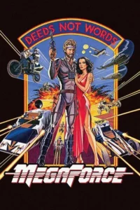 Pôster de ação anos 80. Herói em uniforme e mulher de vestido. Carros futuristas,motos voadoras e helicópteros em meio a explosões.