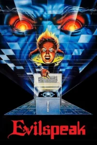 Jovem aterrorizado digita num PC com pentagrama,sob os olhos flamejantes de uma entidade. Fundo de grade azul,clima de horror retrô.