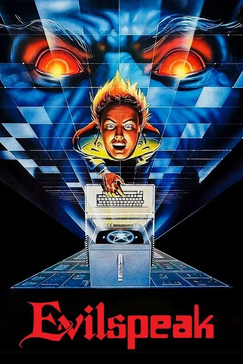 Jovem aterrorizado digita num PC com pentagrama,sob os olhos flamejantes de uma entidade. Fundo de grade azul,clima de horror retrô.