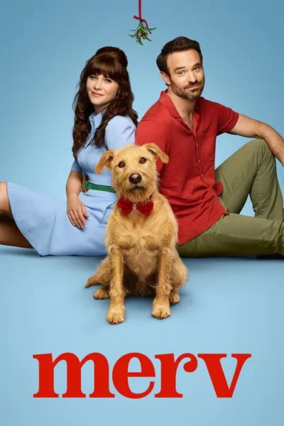 Pôster com casal sorridente e um cão terrier fofo com laço vermelho, sentados em fundo azul. Mistletoe pendurado. Ambiente festivo.