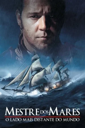 Close-up de homem de semblante determinado. Abaixo, navio de guerra com velas içadas em mar revolto, disparando canhões. Atmosfera tensa.