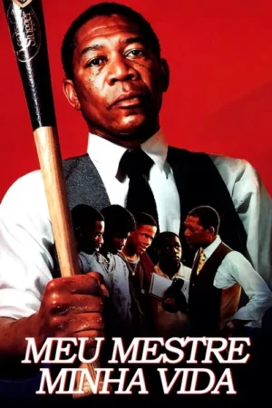 Pôster vermelho. Homem negro sério de camisa e colete segura um bastão de beisebol. Abaixo, um grupo de jovens.