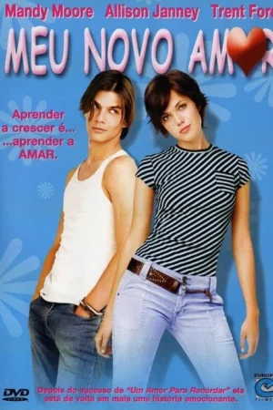 Pôster azul com jovem de cabelo comprido e regata, ao lado de moça de cabelo curto e camiseta listrada. Ambiente alegre e romântico.