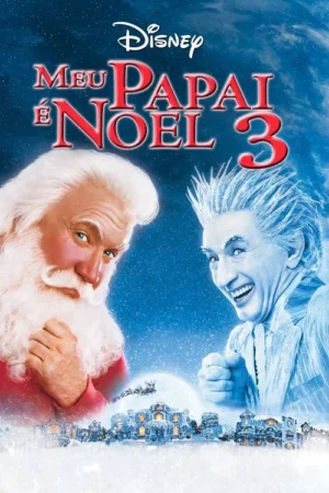 Papai Noel sorridente e um homem pálido de cabelo espetado. Fundo azul estrelado com neve, casas geladas iluminadas e trenó voador.