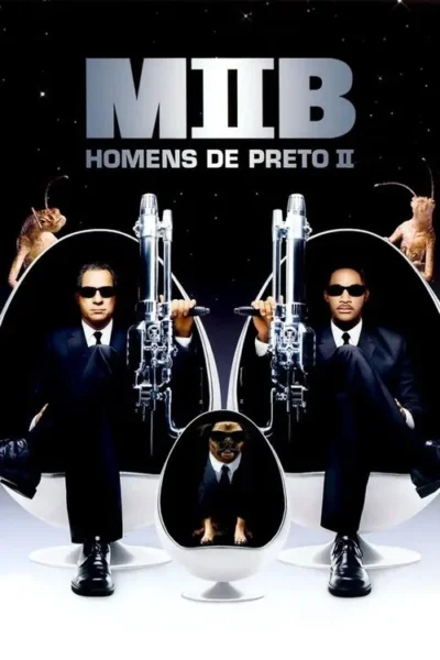Dois homens de terno preto e óculos, com armas futuristas, sentados em cadeiras brancas. Um pug de terno está no centro, com alienígenas ao fundo estrelado.