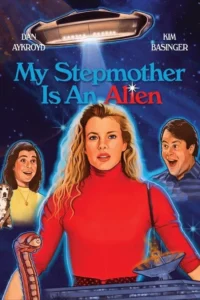 Pôster vibrante de comédia sci-fi. Mulher loira em vermelho,homem e garota animados. OVNI sobre o espaço com um feixe. Alienígena e antena. Clima divertido.