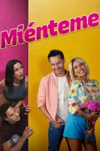 Pôster vibrante. Fundo dividido pink/amarelo. À direita,casal sorri,ela com flores. À esquerda,outro casal espia,surpreso.