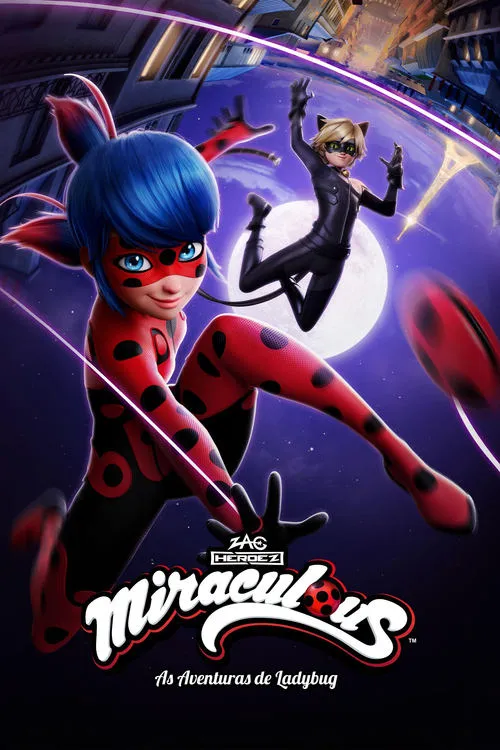 Miraculous:As Aventuras de Ladybug 1 Dois heróis mascarados,um em traje vermelho com bolinhas,outro de preto,voam sobre Paris à noite com a Torre Eiffel.