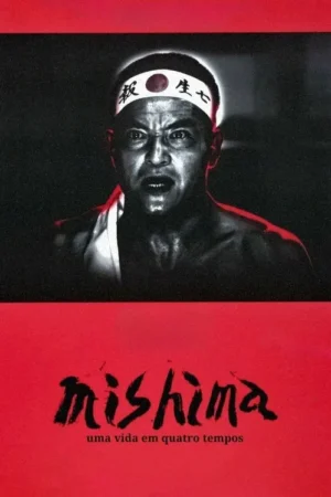 Pôster com homem asiático em P&B, bandana japonesa e expressão de raiva intensa, em destaque contra fundo preto. Abaixo, grande faixa vermelha.
