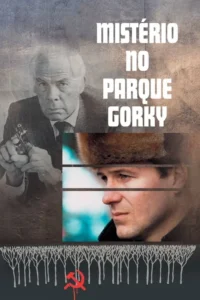 Poster sombrio. Homem de terno com arma e jovem de chapéu de pele. Fundo com árvores secas e símbolo comunista sangrando. Tensão de espionagem.