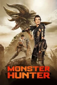 Mulher em armadura e homem com espada gigante enfrentam monstro chifrudo furioso em deserto rochoso. Cena épica de aventura e ação.