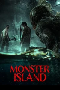 Dois homens em água escura confrontam um monstro num cenário de caverna/selva com cachoeiras. Clima de suspense e perigo.