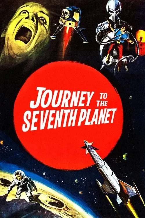 Poster retrô sci-fi. Astronautas em perigo enfrentam criatura e robô no espaço. Naves espaciais e planetas compõem o cenário de aventura.