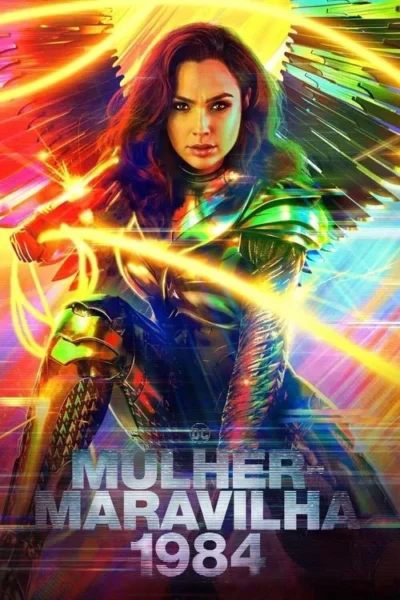 Heroína de armadura dourada e asas iridescentes, em pose dinâmica contra fundo explosivo de luzes coloridas e efeito glitch.