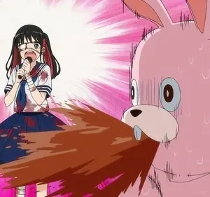 Uma estudante de uniforme ensanguentado canta num microfone. Ao lado, um coelho rosa vomita, apavorado, em fundo rosa vibrante.