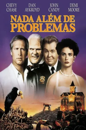 Um pôster com quatro personagens. Três homens e uma mulher séria. Um homem idoso sorri ameaçadoramente. Cenário macabro: pássaro sobre ossos, mansão escura, lixo.