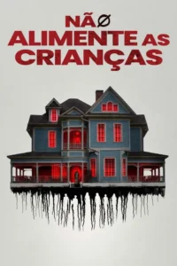 Casa azul antiga flutuando,com janelas vermelhas incandescentes. Uma figura na porta. Abaixo,sombras humanas escuras com raízes penduradas. Cenário assustador.