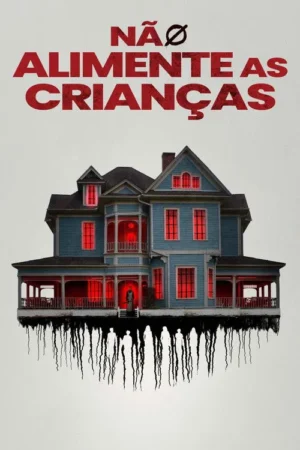 Casa azul antiga flutuando, com janelas vermelhas incandescentes. Uma figura na porta. Abaixo, sombras humanas escuras com raízes penduradas. Cenário assustador.