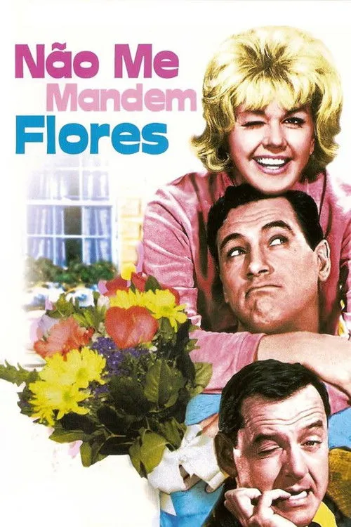 Mulher loira sorridente acima de dois homens com expressões cômicas. Um buquê de flores vibrantes decora o canto inferior. Clima leve e divertido.