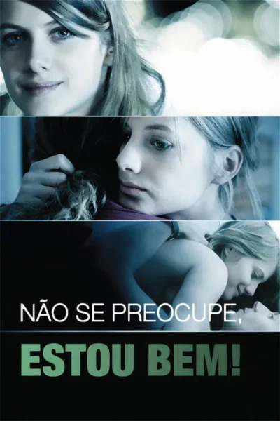 Pôster. Jovem mulher em três momentos: sorrindo, pensativa abraçada, e em um abraço íntimo. Tons azulados. Clima de drama e emoção.