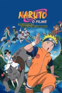 Pôster de anime:Personagens em trajes coloridos,incluindo um menino loiro com flechas,caem sobre uma ilha tropical. Clima de ação/aventura.