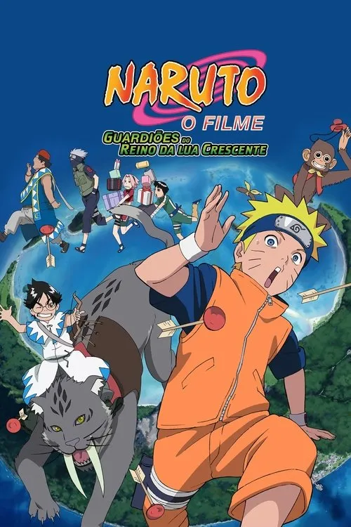 Pôster de anime:Personagens em trajes coloridos,incluindo um menino loiro com flechas,caem sobre uma ilha tropical. Clima de ação/aventura.