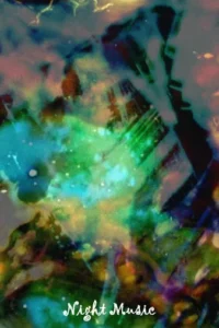 Pôster abstrato com nebulosas em tons de azul, verde e roxo. Pontos de luz parecem estrelas, criando um clima onírico e cósmico.