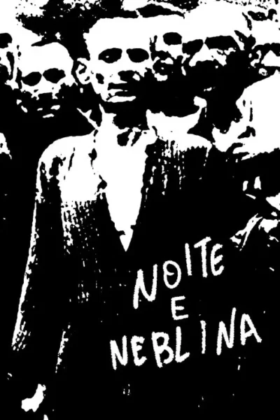 Pôster P&B de alto contraste: um homem de semblante sério em primeiro plano, cercado por rostos pálidos e esqueléticos. Clima sombrio e opressor.
