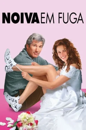 Homem e mulher sorridentes. Ela usa vestido de noiva e tênis; ele amarra seu cadarço. Fundo rosa, buquê. Clima leve de comédia romântica.