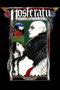 Pôster gótico:um vampiro pálido e careca olha para uma mulher de longos cabelos que estende a mão. Fundo com castelo e navio.