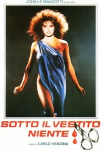 Mulher sensual de cabelo volumoso,com vestido azul revelador,em fundo escuro. Tesoura sangrenta em destaque.