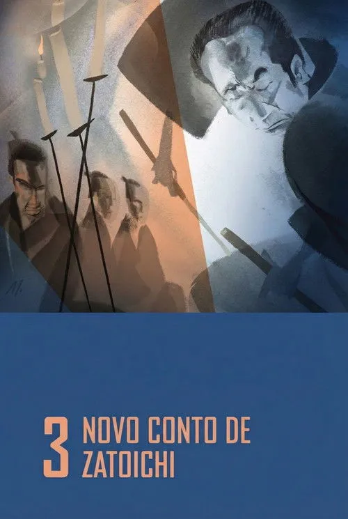 Novo Conto de Zatoichi 1 Ilustração sombria:homem sério e um grupo de guerreiros com espadas à luz de velas. Clima de tensão.