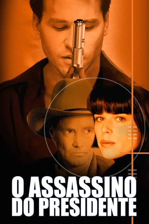 Homem com arma em primeiro plano, rostos de homem de chapéu e mulher em círculo de mira. Tom sépia, clima de suspense.