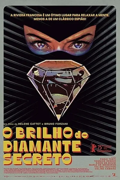 Olhos mascarados intensos acima de um diamante refletindo um homem com arma e uma figura furtiva. Clima de mistério e espionagem.
