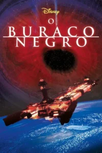 Uma nave espacial complexa orbita um planeta azul. Acima,um vasto buraco negro emerge de uma nebulosa vermelha e misteriosa.