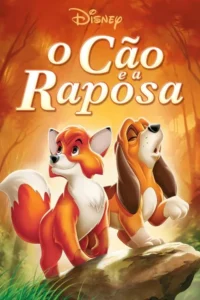 Pôster animado:raposa jovem sorridente e cão filhote uivando sobre um tronco,em floresta com luz quente de pôr do sol.