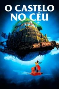 Um jovem casal voa em um veículo vermelho olhando para uma imensa ilha flutuante com castelos e verde. Céu azul,aventura épica.