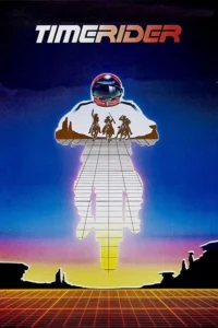 Pôster 80s: Capacete futurista no topo. Cowboys em deserto na silhueta de um corpo digital em grade sobre céu azul, rosa e amarelo.