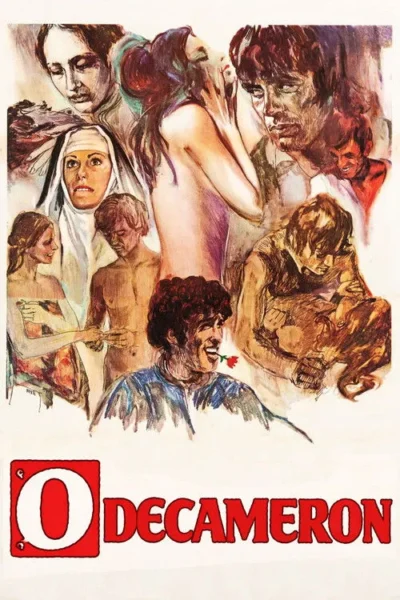 Poster: Colagem expressiva de homens e mulheres em diversas poses. Uma freira chocada, mulher nua, e um homem alegre com flor na boca.