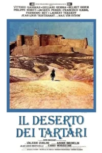 Pôster: Cavaleiro solitário avança por um deserto rochoso em direção a uma imponente fortaleza antiga no horizonte.