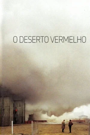 Dois homens observam um cenário industrial desolador: prédio soltando fumaça escura sob céu cinza e mar agitado.