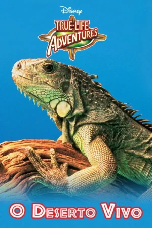 Uma iguana de perto, com escamas verdes e marrons, repousa sobre um tronco de madeira. O fundo é um azul brilhante. Clima natural.