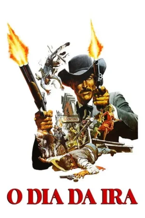 Pôster faroeste. Cowboy atira com revólver e espingarda. Tiros e figuras caindo em uma cidade, criando cena de ação intensa.